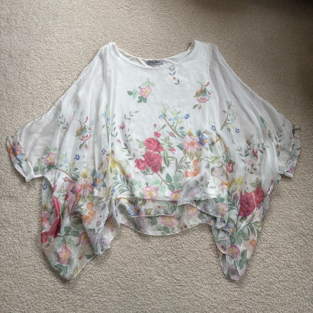 Elana Baldi silk floral print drapery top